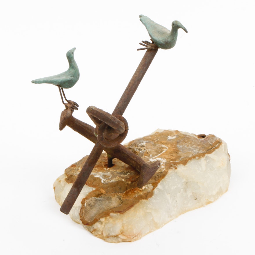 Mid Century Iron Anchor with Birds Sculpture
