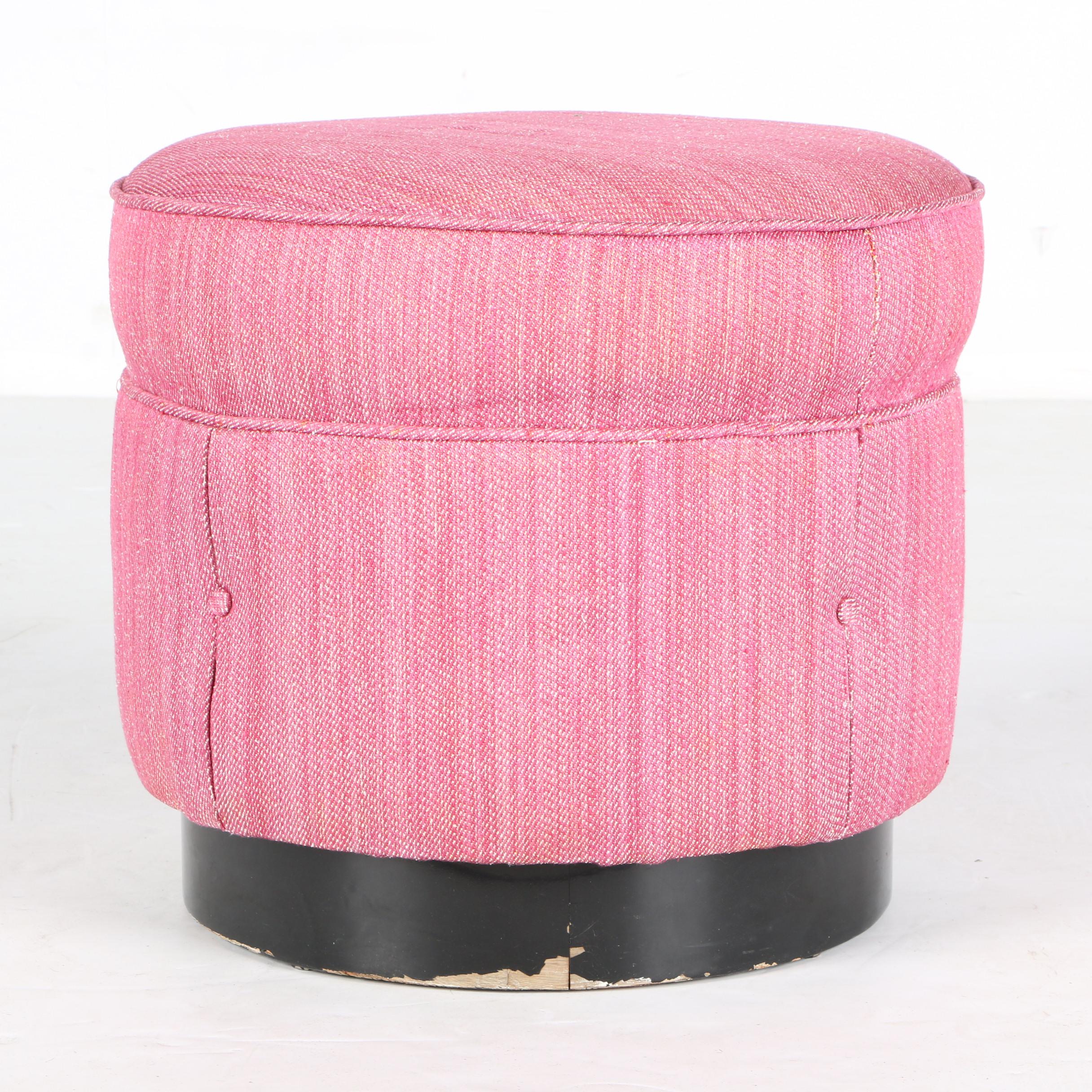 Round Pink-Upholstered Ottoman