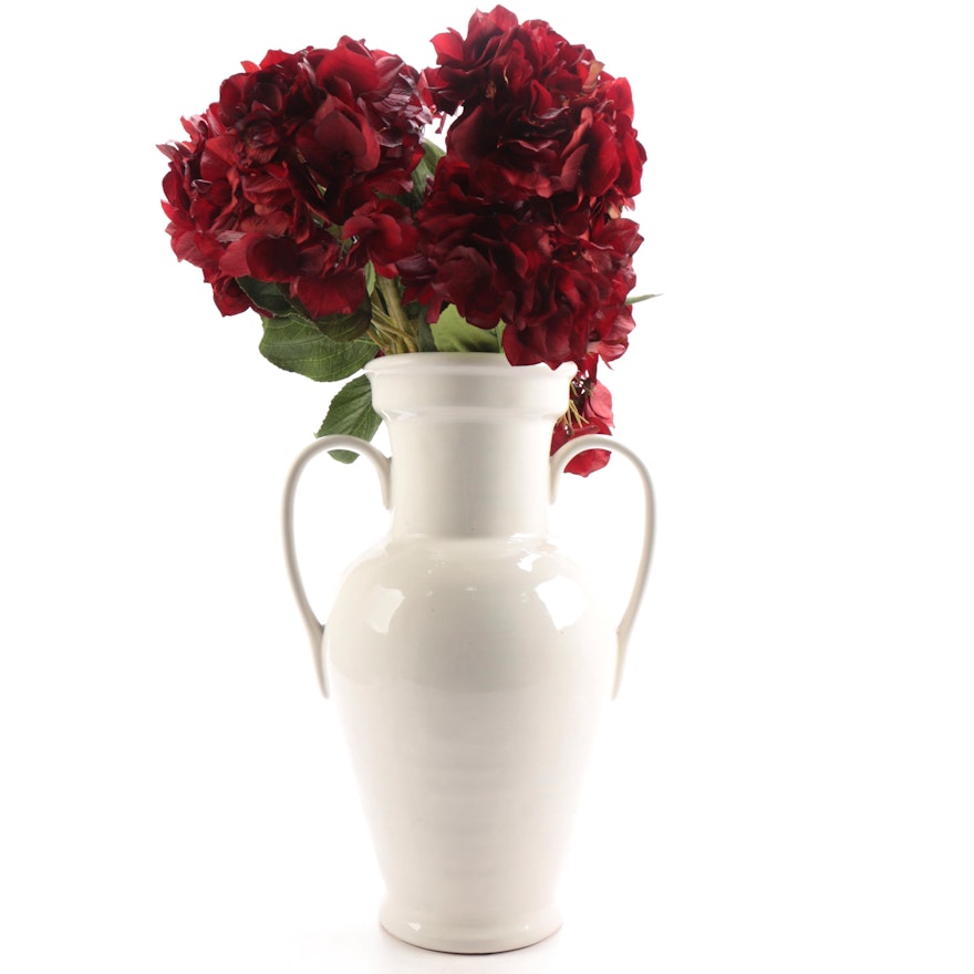 Pottery Barn Urn With Faux Red Flowers