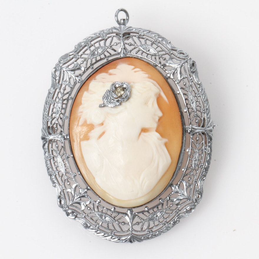 Vintage Art Deco Ostby & Barton Sterling Silver and Carved Shell en Habillé Cameo Pendant Brooch