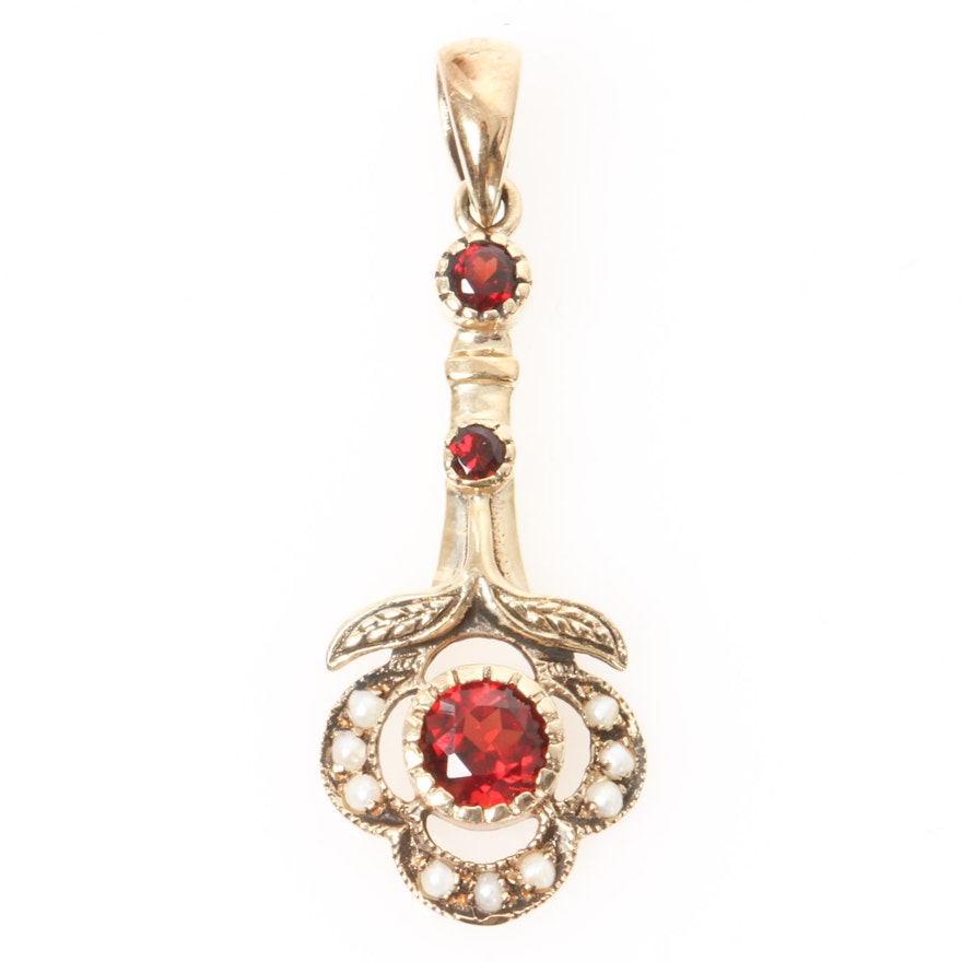 Victorian 10K Yellow Gold, Garnet, and Seed Pearl Drop Pendant