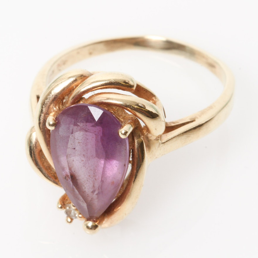 14K Yellow Gold, Pear Cut Amethyst, and Diamond Cocktail Ring