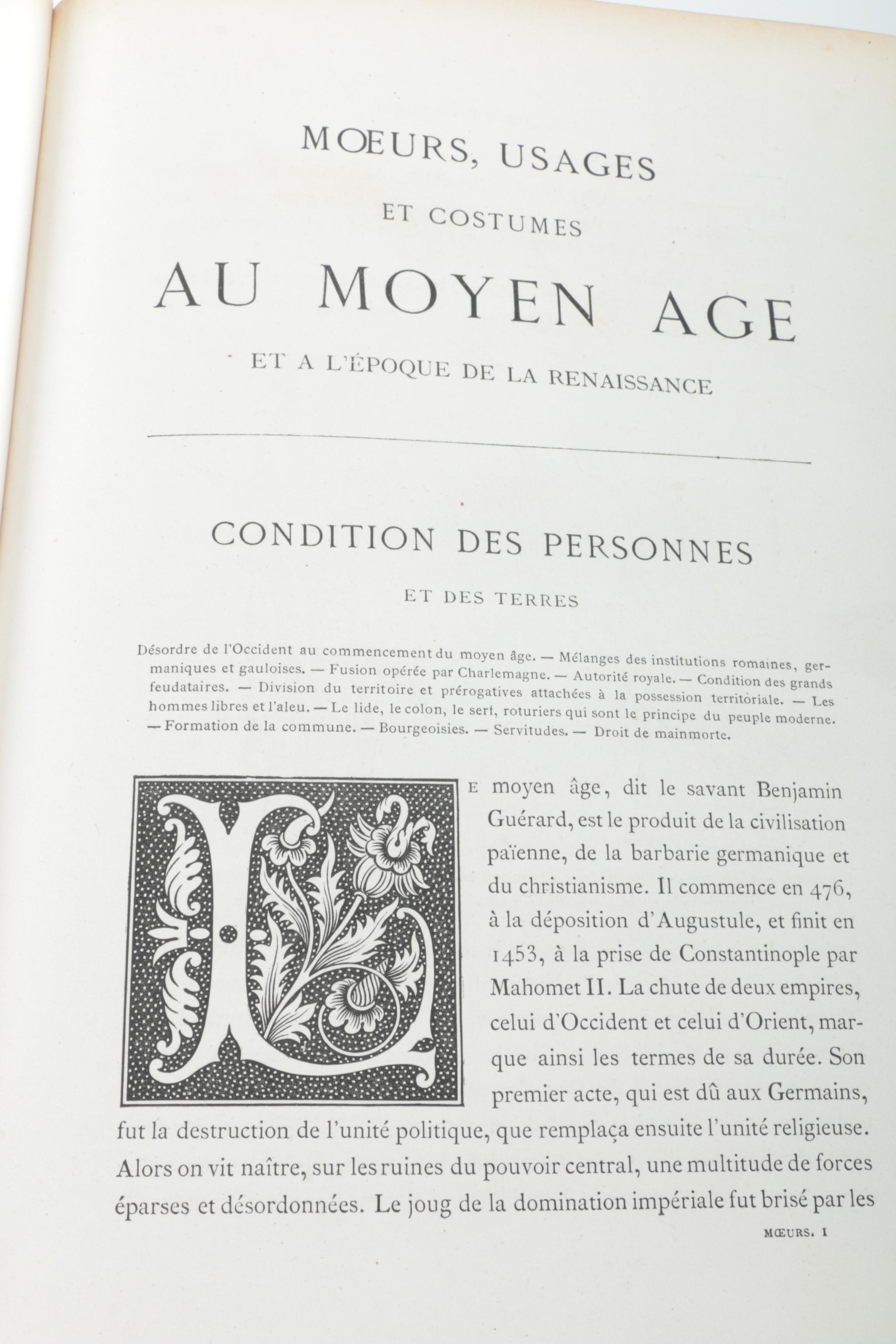 1873 French Third Edition of "Moeurs, Usages et Costumes au Moyen Age et a L'époque de la Renaissance" by Paul Lacroix