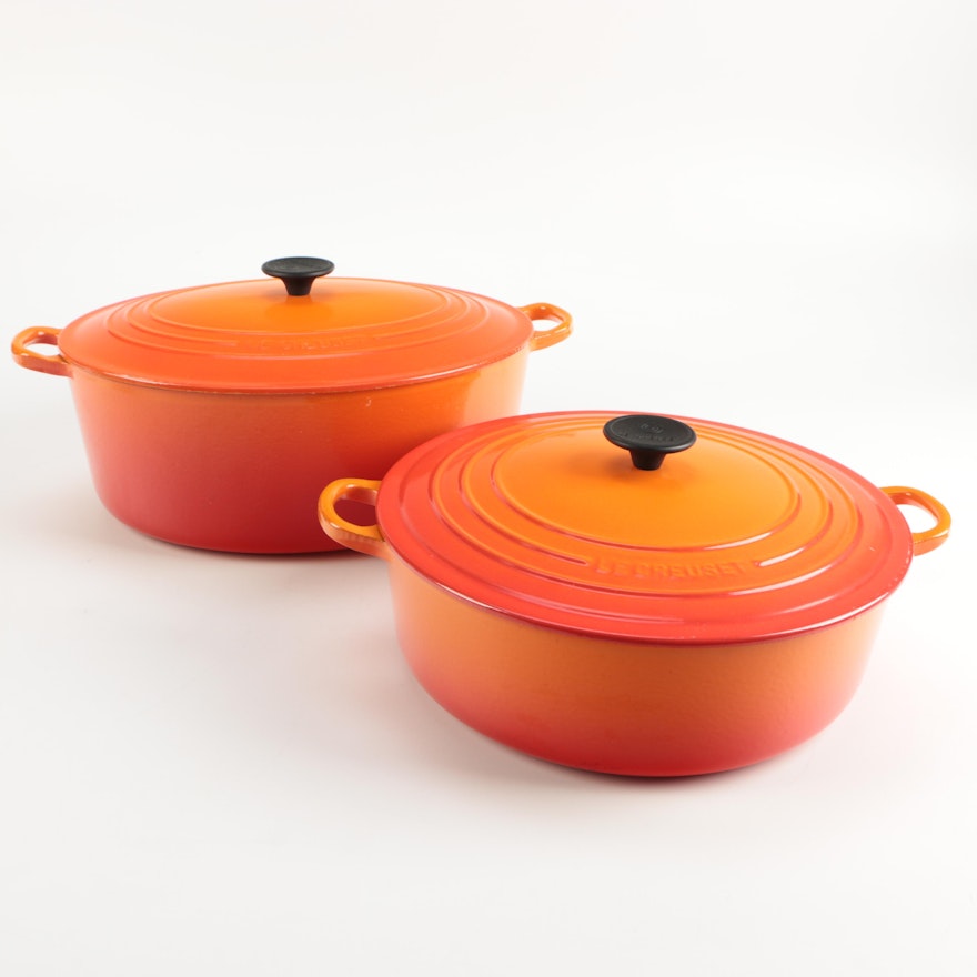 Pair of Le Creuset Orange Enamel Dutch Ovens