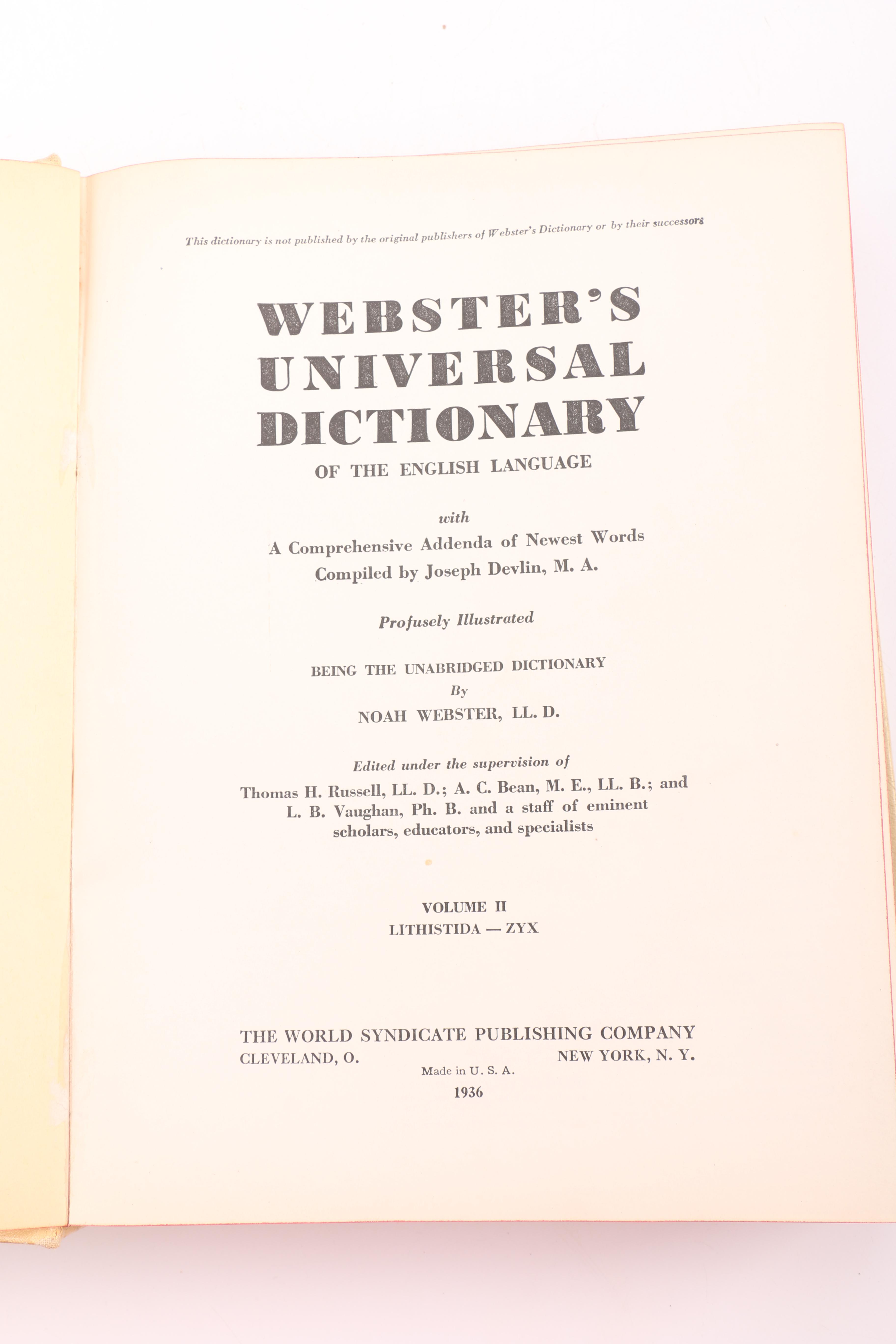 1936 "Webster's Universal Unabridged Dictionary" Volumes I and II
