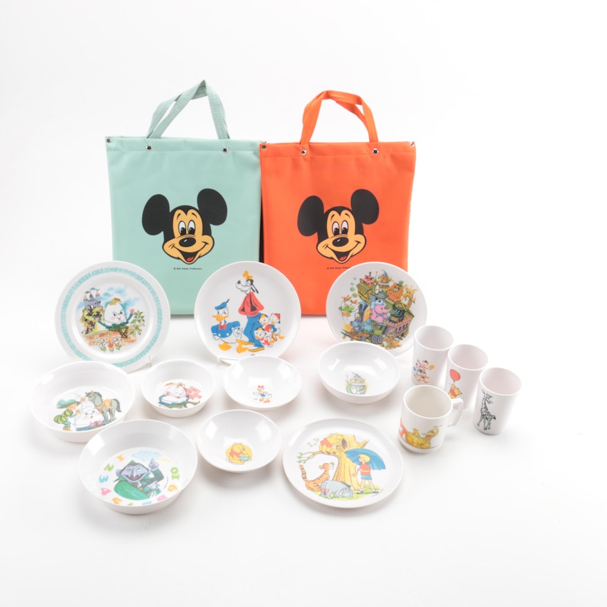 Assortment of Classic Cartoon Tableware and Mickey Tote Bags