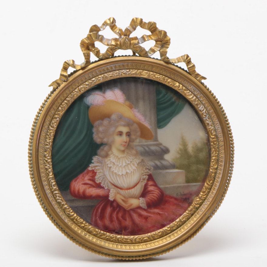 C. Roberts Oil on Wax Miniature Portrait of a Lady