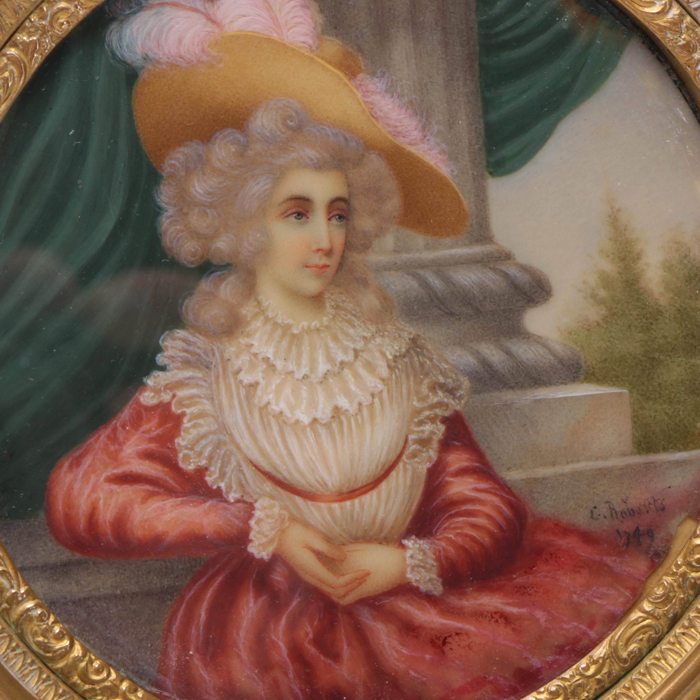 C. Roberts Oil on Wax Miniature Portrait of a Lady