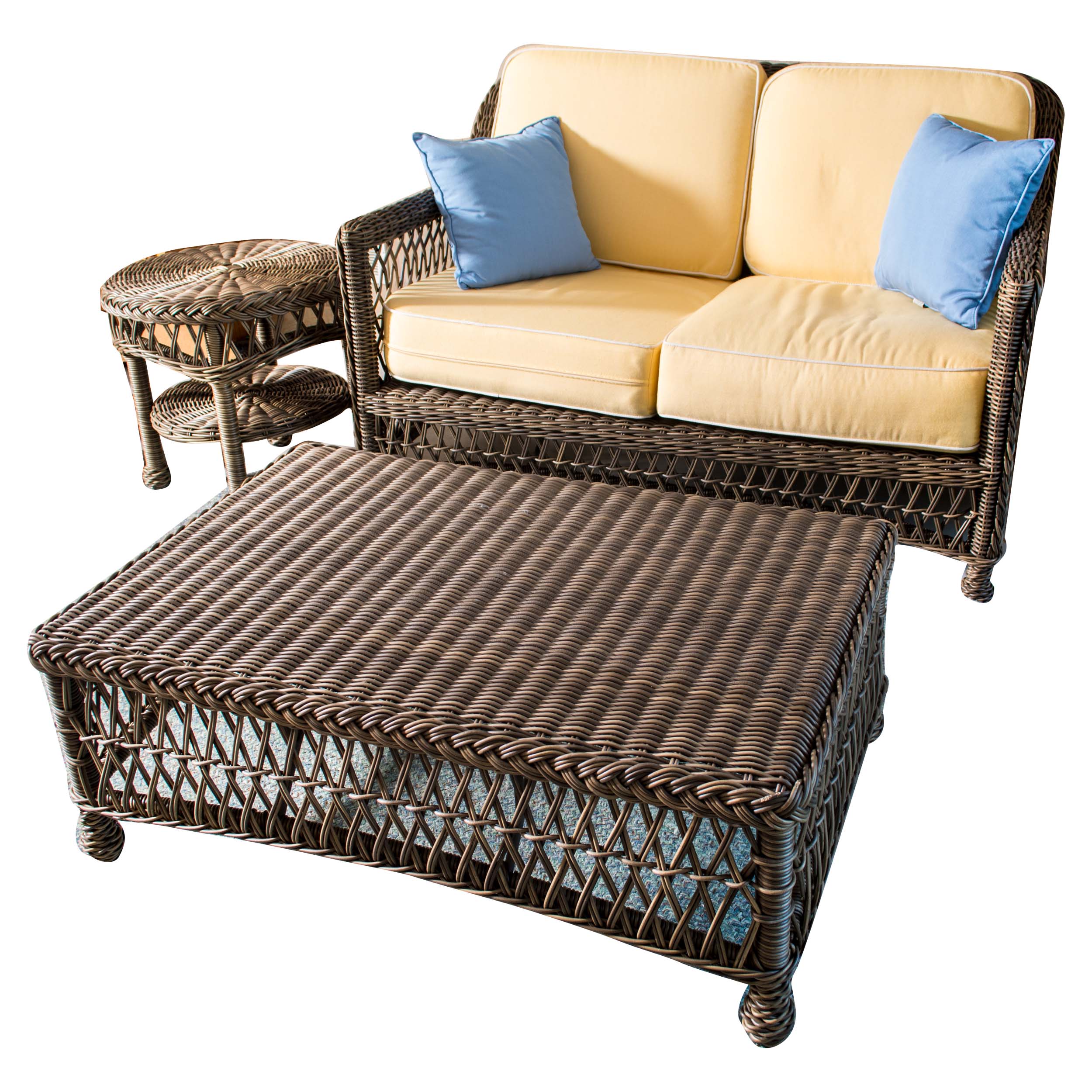 Frontgate Wicker Patio Sofa and Tables
