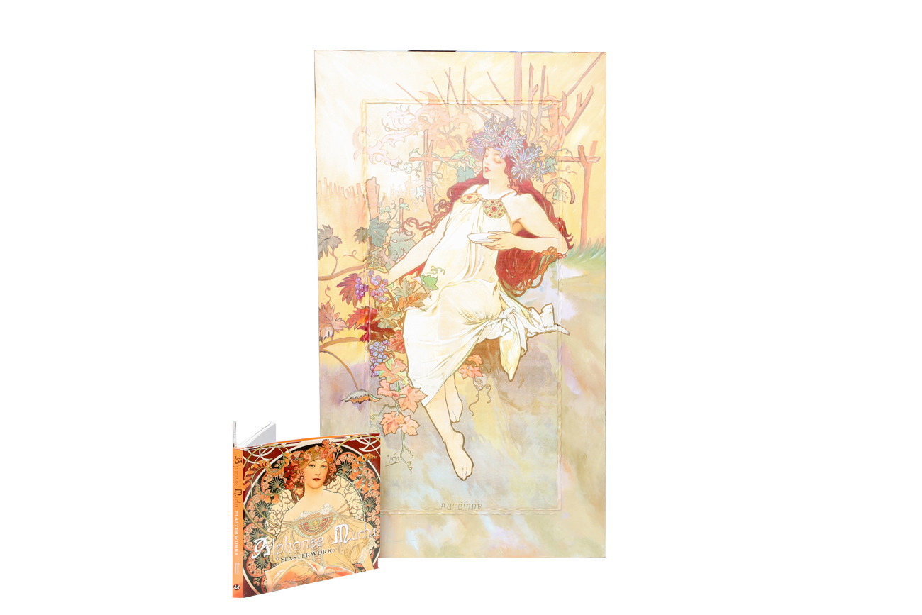 Mixed Media Lithograph on Canvas after Alphonse Mucha with Book