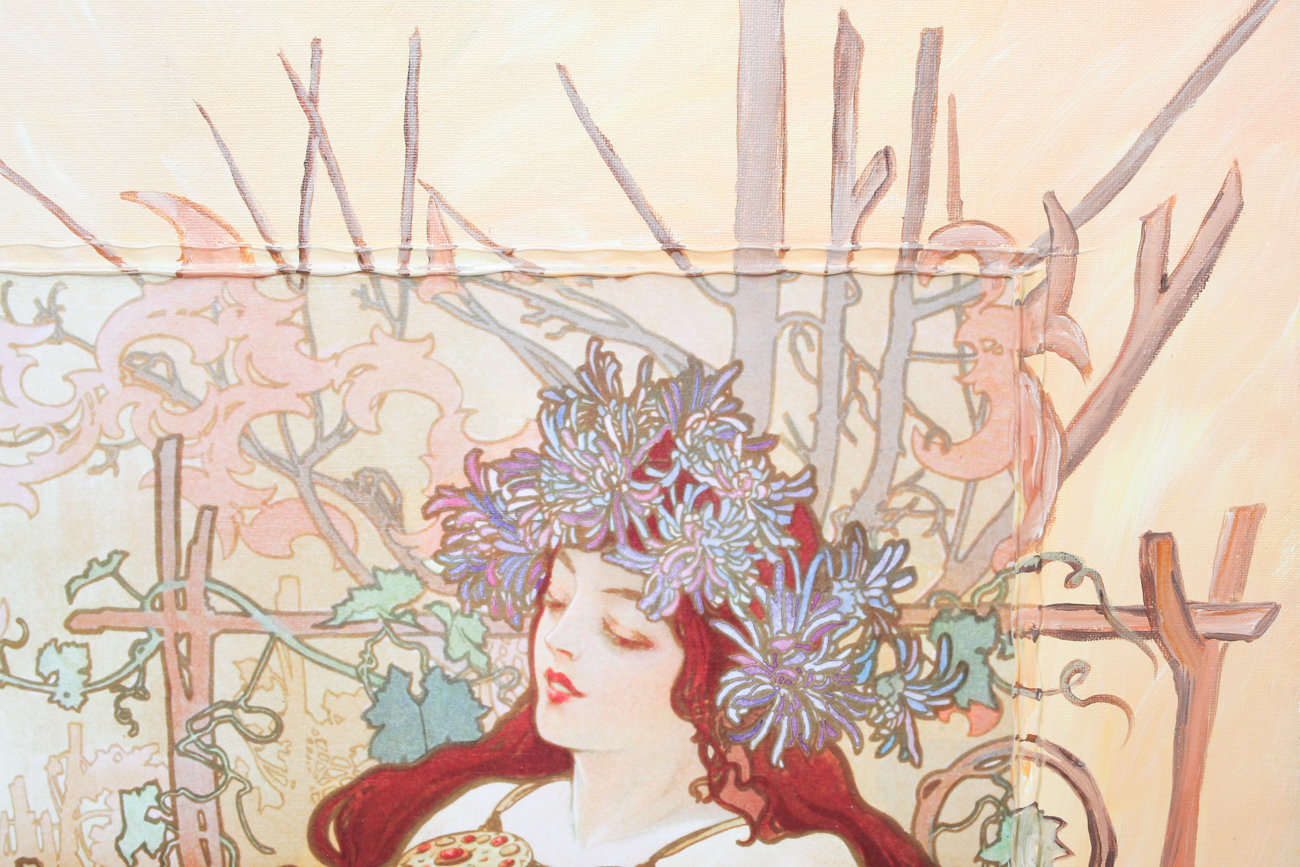 Mixed Media Lithograph on Canvas after Alphonse Mucha with Book