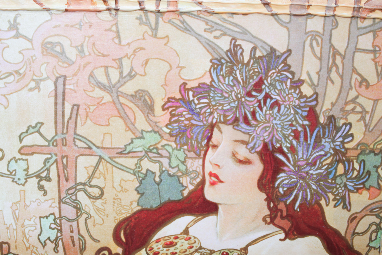 Mixed Media Lithograph on Canvas after Alphonse Mucha with Book