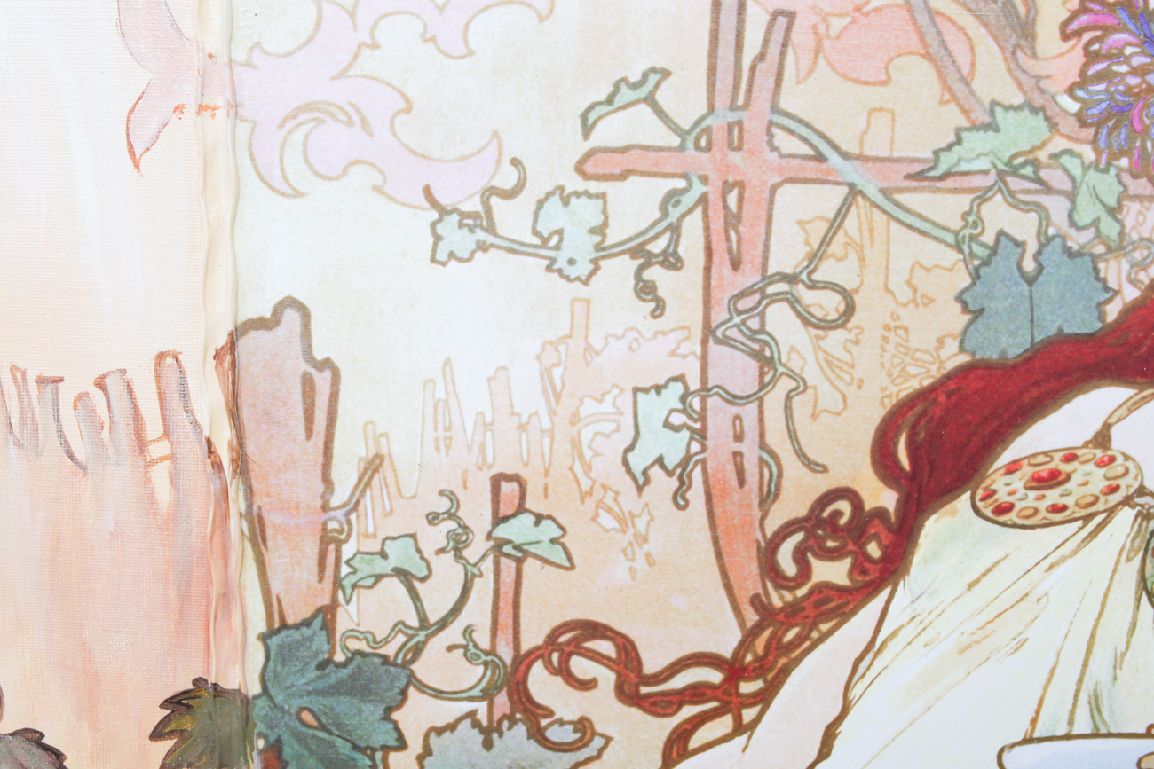 Mixed Media Lithograph on Canvas after Alphonse Mucha with Book