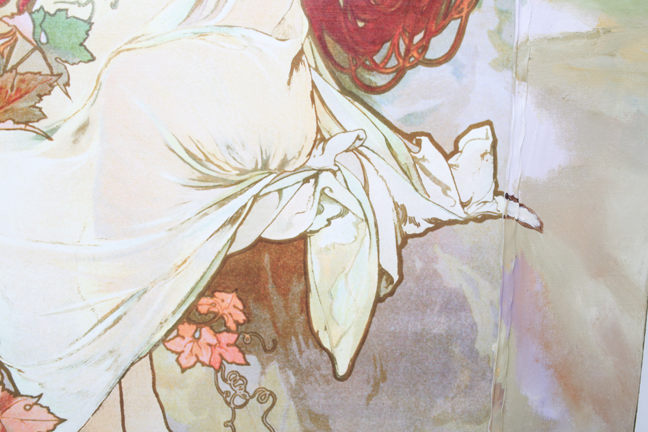 Mixed Media Lithograph on Canvas after Alphonse Mucha with Book