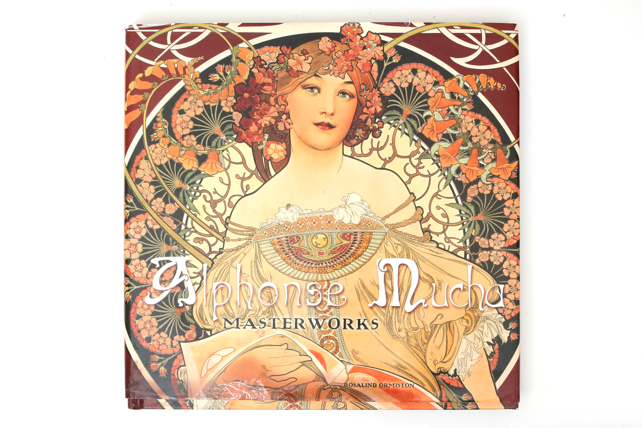Mixed Media Lithograph on Canvas after Alphonse Mucha with Book