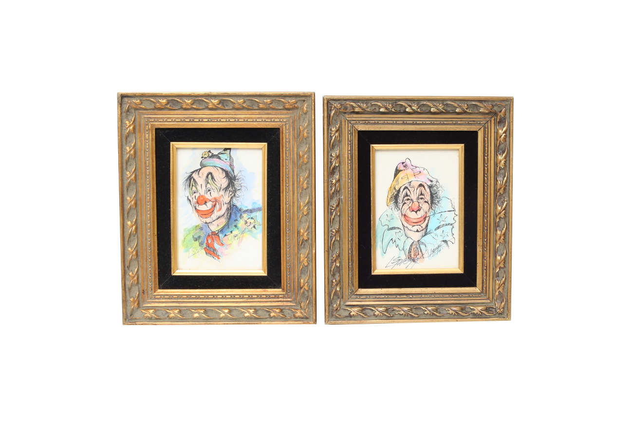 Pair of Hand-Colored Signed Louis Spiegel Clown Lithographs