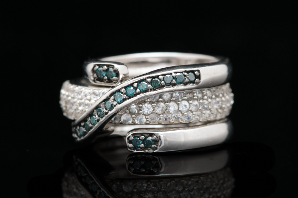 Sterling Silver, Irradiated Diamond and White Zircon Ring