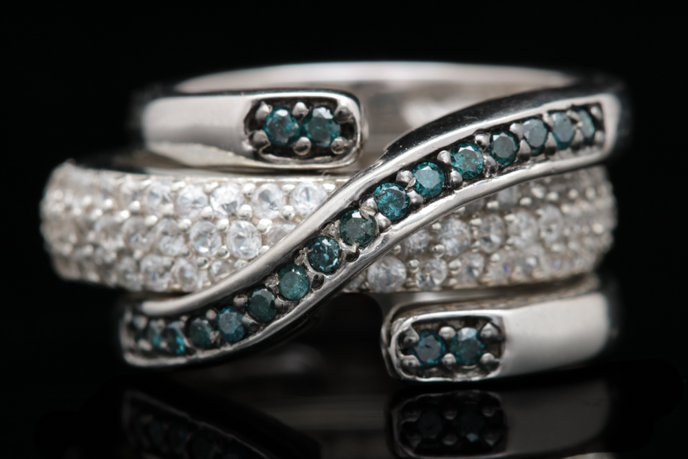 Sterling Silver, Irradiated Diamond and White Zircon Ring