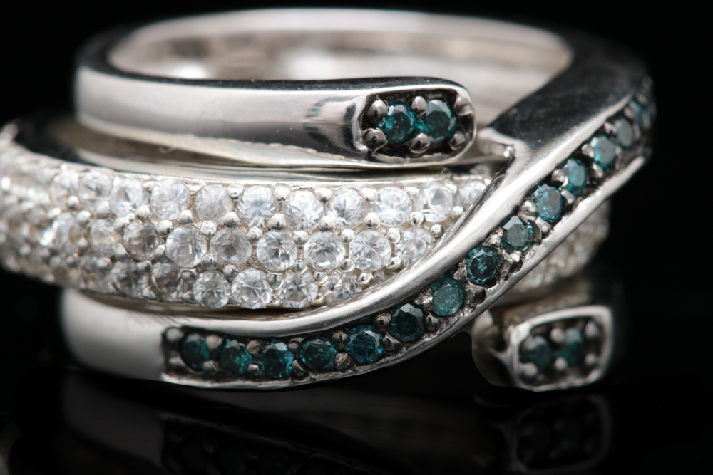 Sterling Silver, Irradiated Diamond and White Zircon Ring