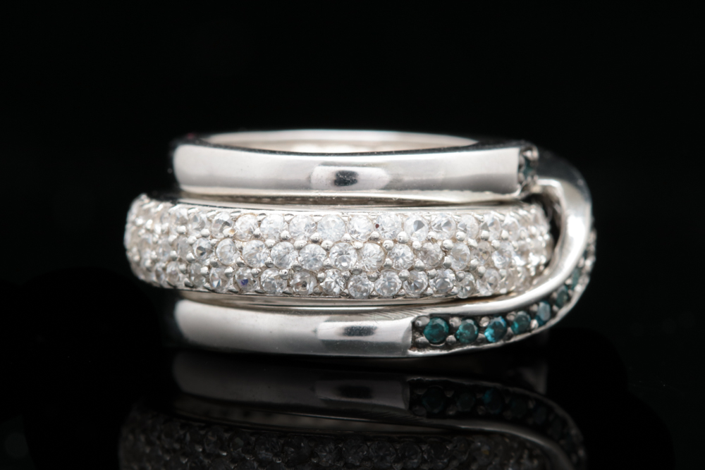 Sterling Silver, Irradiated Diamond and White Zircon Ring