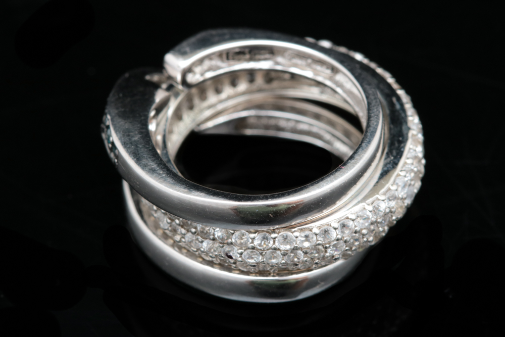 Sterling Silver, Irradiated Diamond and White Zircon Ring