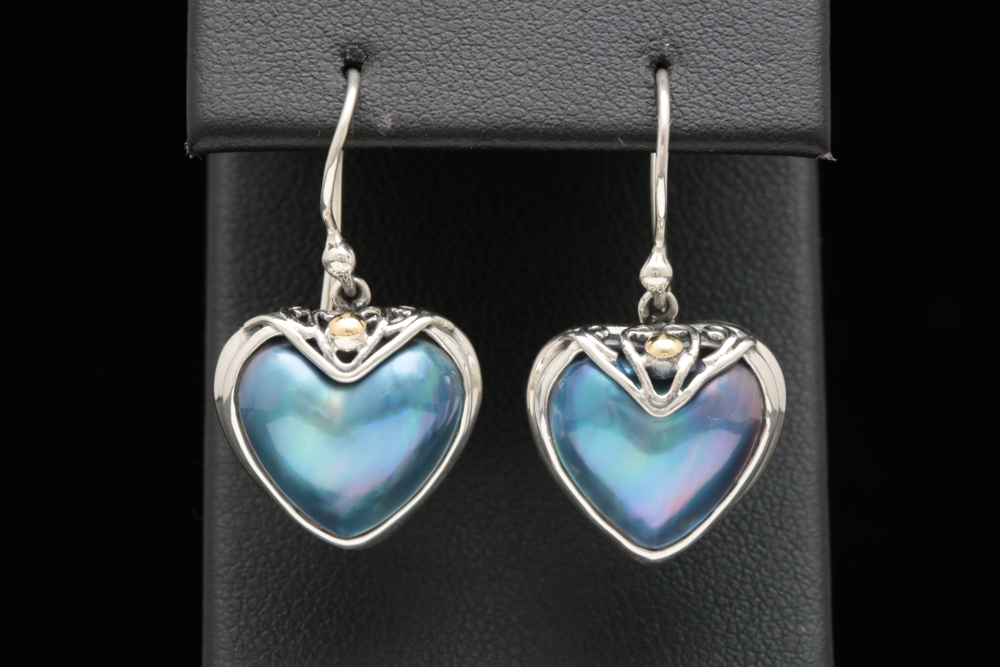Robert Manse Sterling Silver, 18K Gold  and Heart-Shaped Mother of Pearl Dangle Earrings