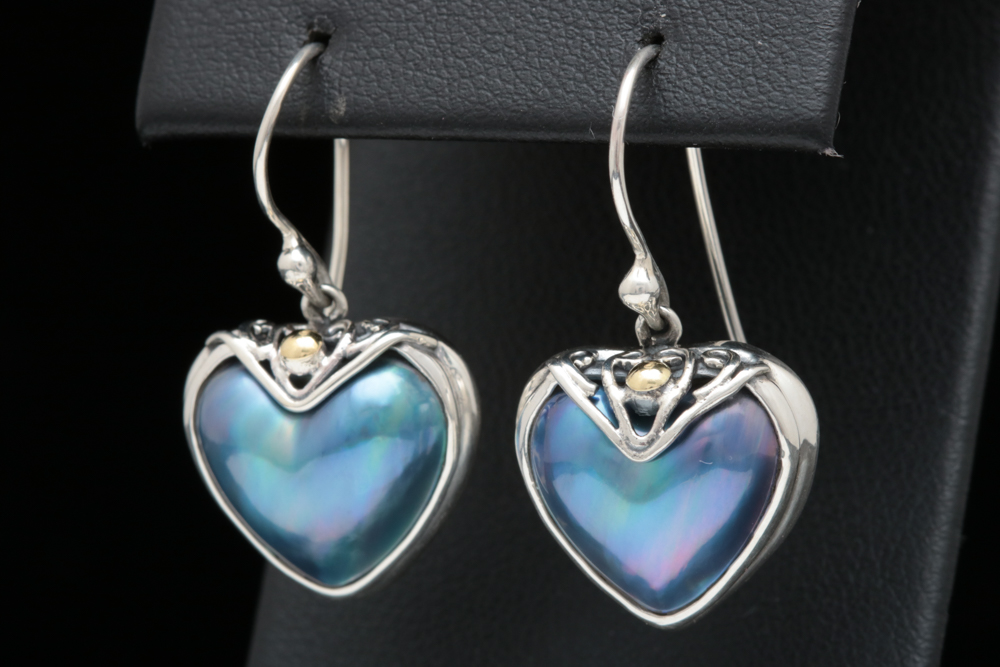 Robert Manse Sterling Silver, 18K Gold  and Heart-Shaped Mother of Pearl Dangle Earrings