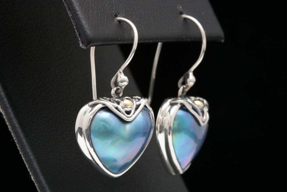 Robert Manse Sterling Silver, 18K Gold  and Heart-Shaped Mother of Pearl Dangle Earrings