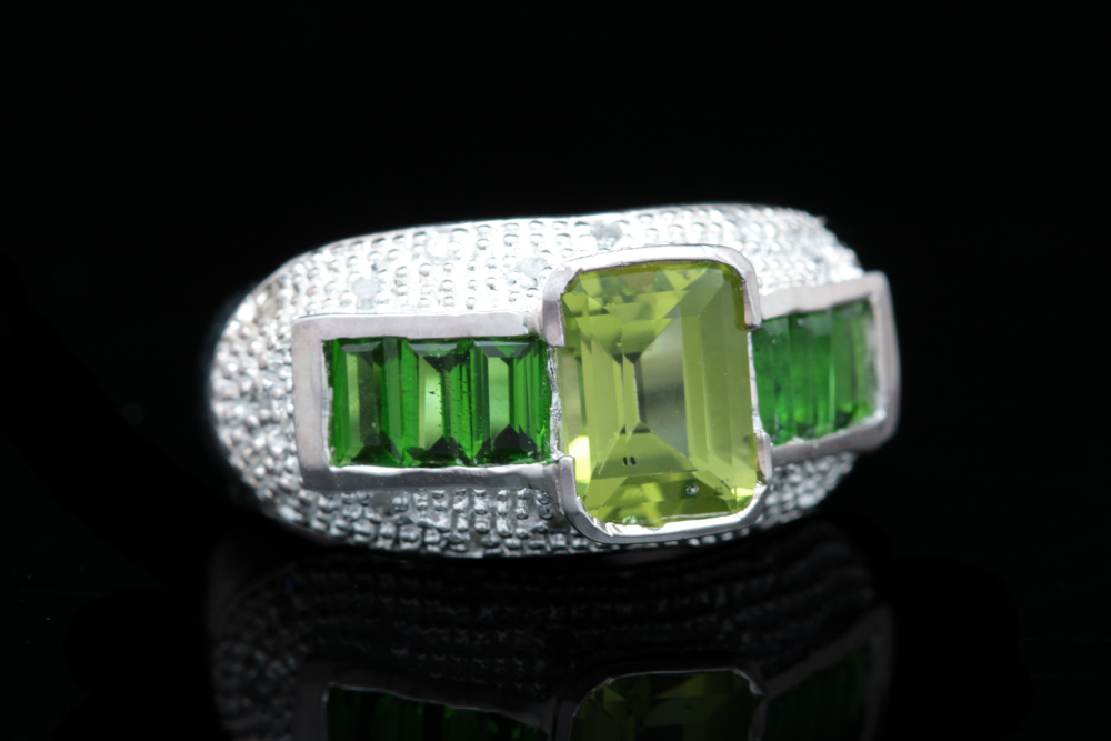 Sterling Silver, Chrome Diopside, Peridot and Diamond Ring
