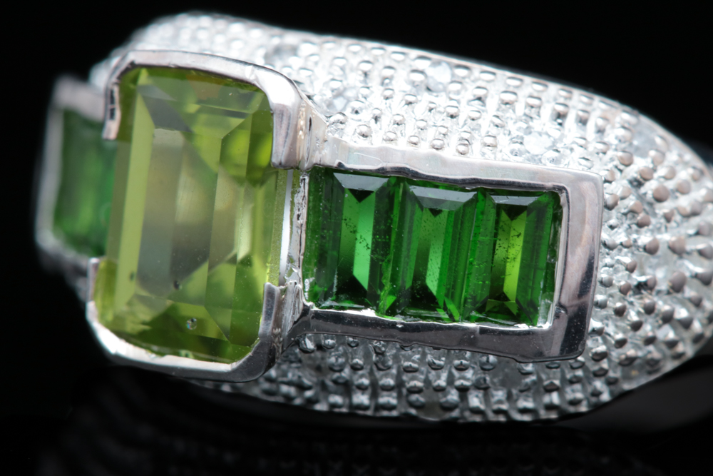 Sterling Silver, Chrome Diopside, Peridot and Diamond Ring