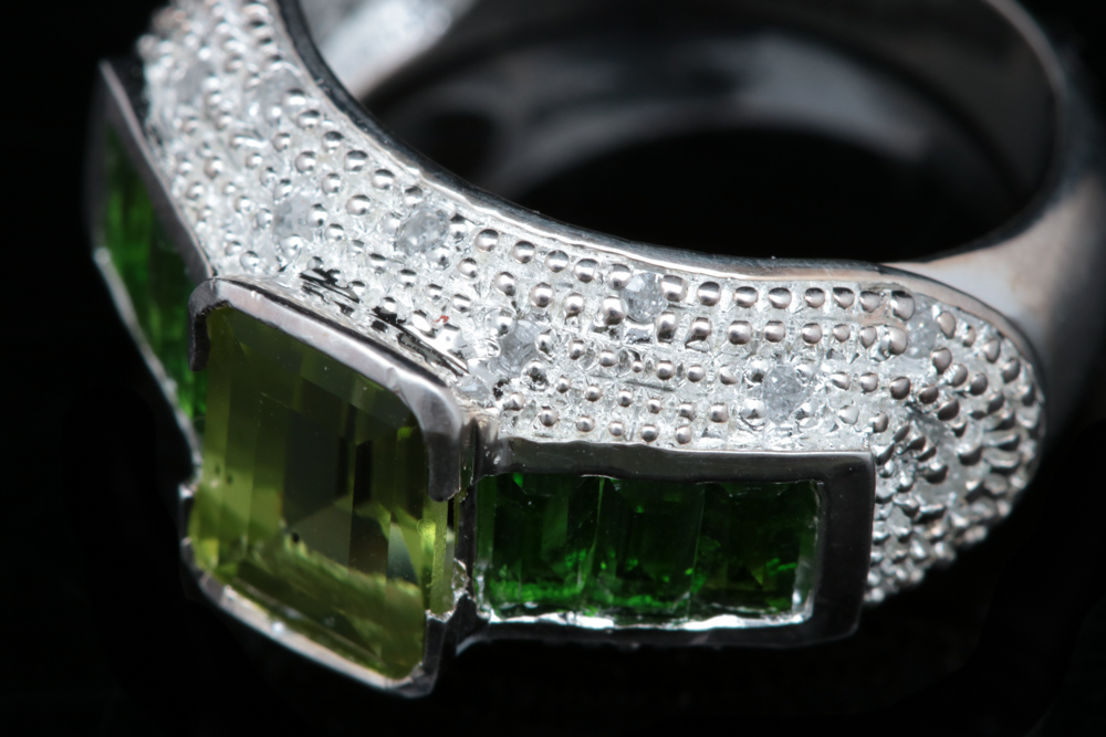 Sterling Silver, Chrome Diopside, Peridot and Diamond Ring