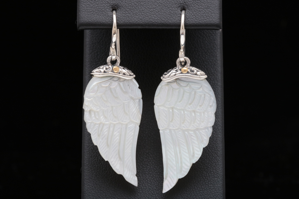 Robert Manse Sterling Silver and Carved Mother of Pearl Wing Dangle Earrings