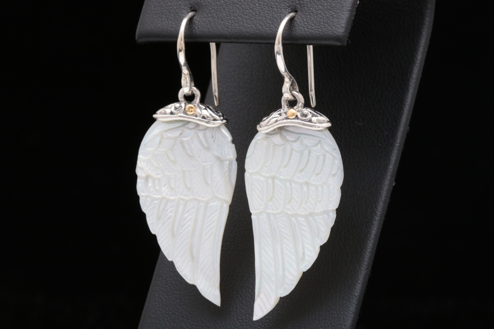 Robert Manse Sterling Silver and Carved Mother of Pearl Wing Dangle Earrings