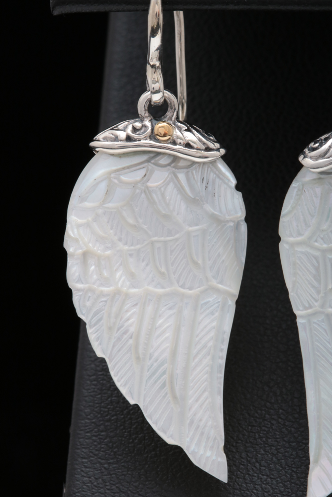 Robert Manse Sterling Silver and Carved Mother of Pearl Wing Dangle Earrings