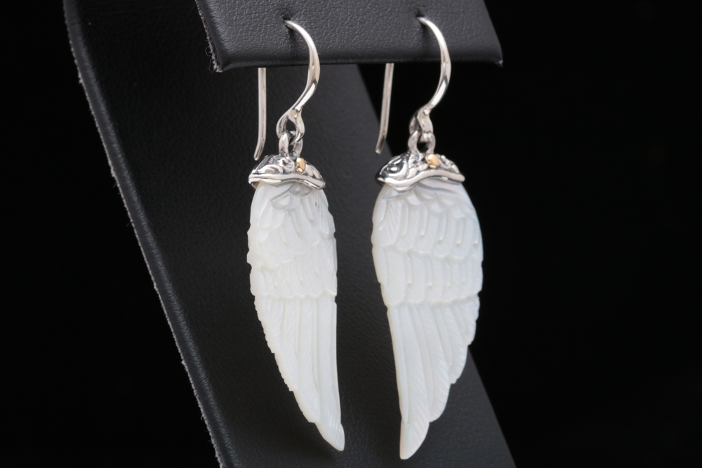 Robert Manse Sterling Silver and Carved Mother of Pearl Wing Dangle Earrings