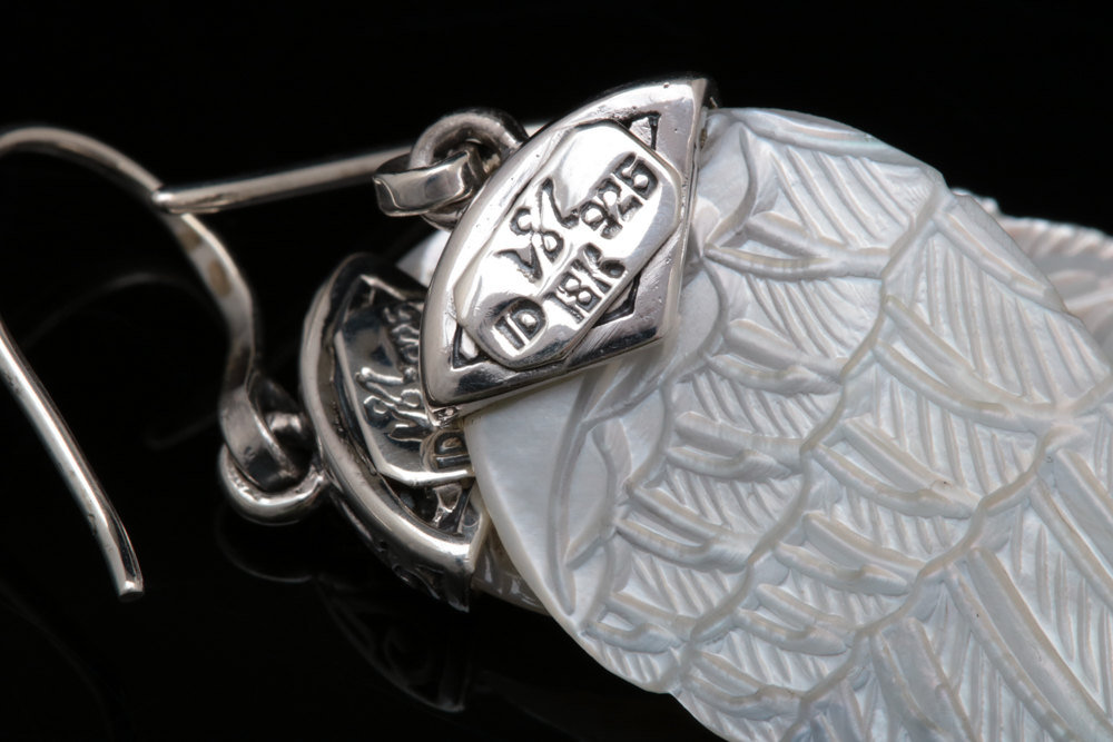 Robert Manse Sterling Silver and Carved Mother of Pearl Wing Dangle Earrings