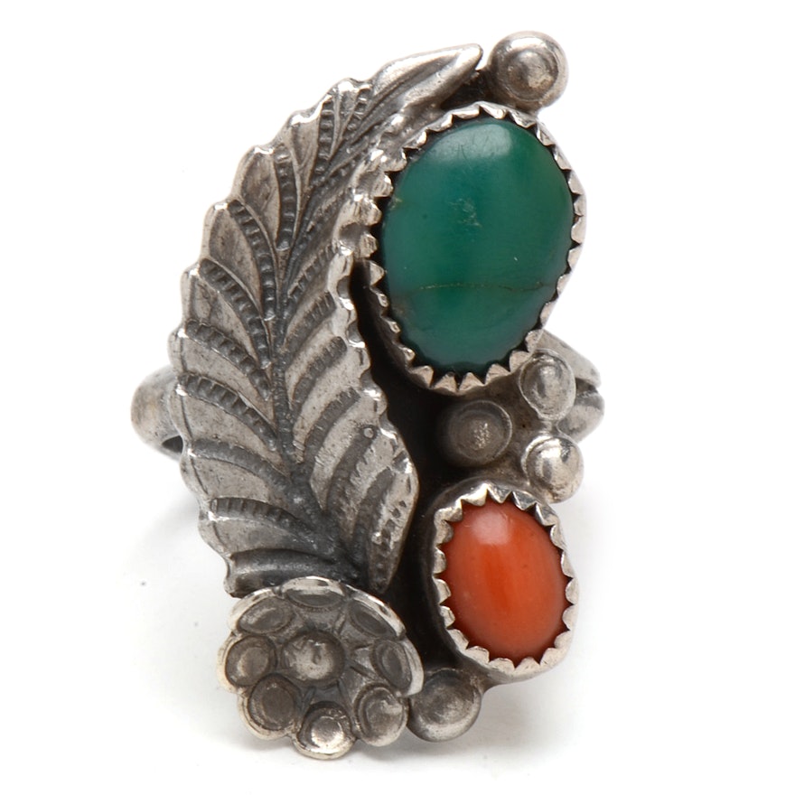 Sterling Silver Turquoise and Coral Ring