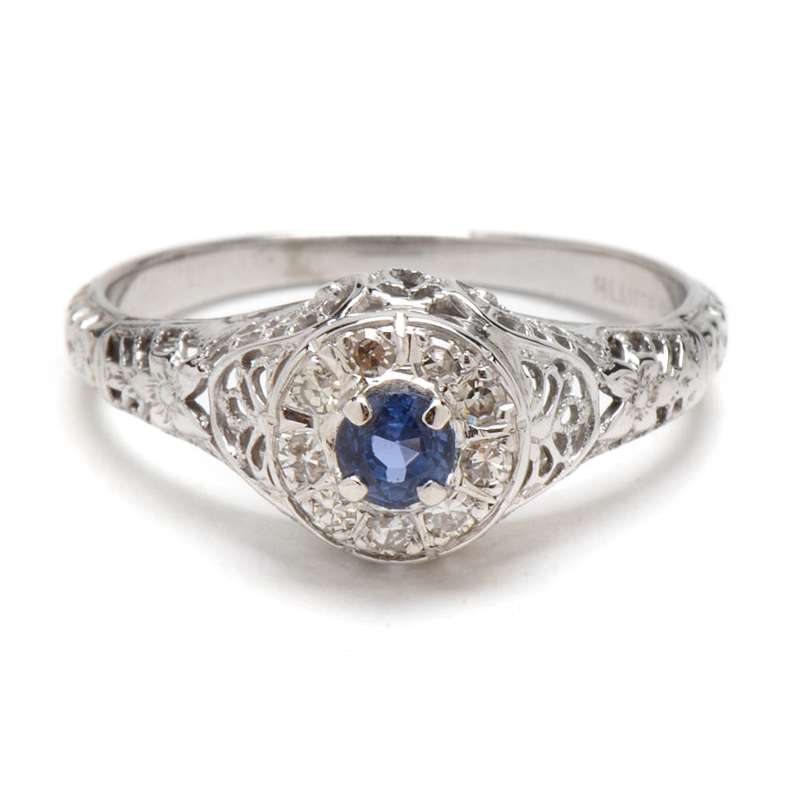 1920s Bluite 18K White Gold Natural Blue Sapphire Diamond Ring