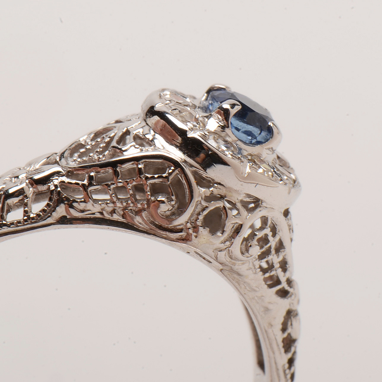 1920s Bluite 18K White Gold Natural Blue Sapphire Diamond Ring