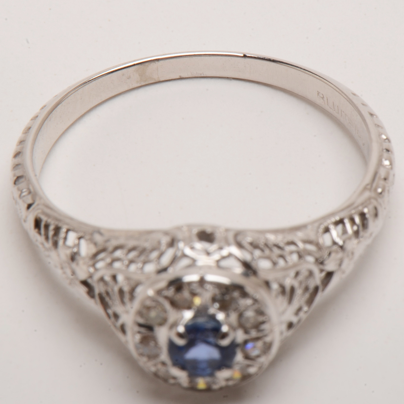 1920s Bluite 18K White Gold Natural Blue Sapphire Diamond Ring
