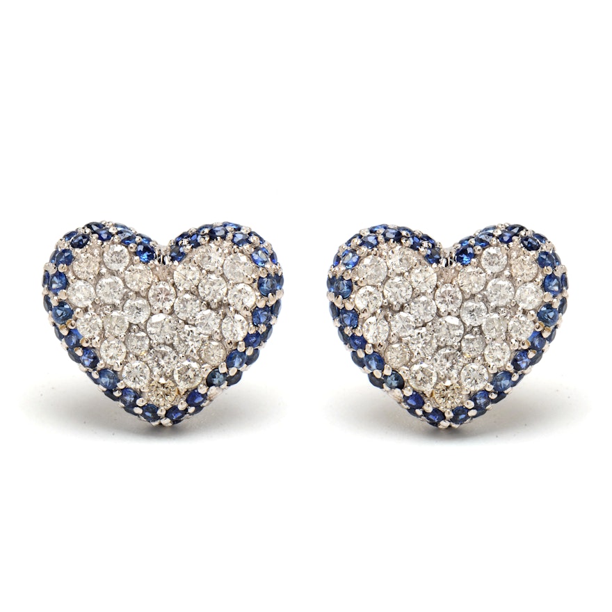 Pair of 18K White Gold 1.04 CTW Diamond and 1.11 CTW Sapphire Heart Shaped Earrings