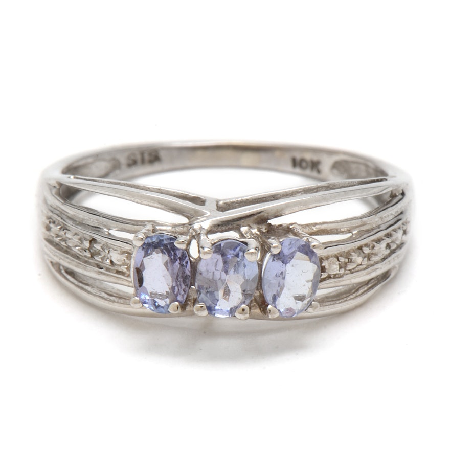 10K White Gold Natural Tanzanite and Diamond Ring