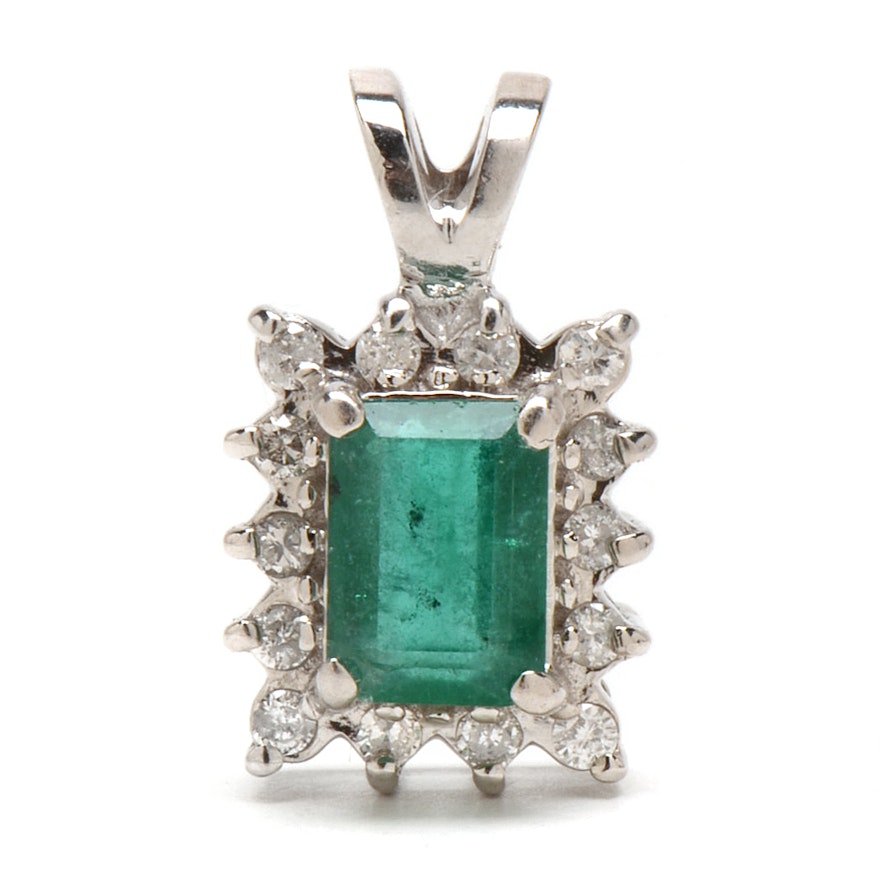 14K White Gold Emerald and Diamond Pendant