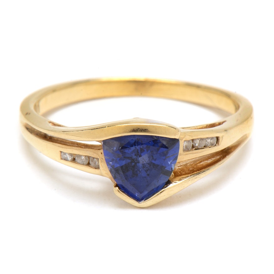 14K Yellow Gold Synthetic Blue Sapphire Diamond Ring