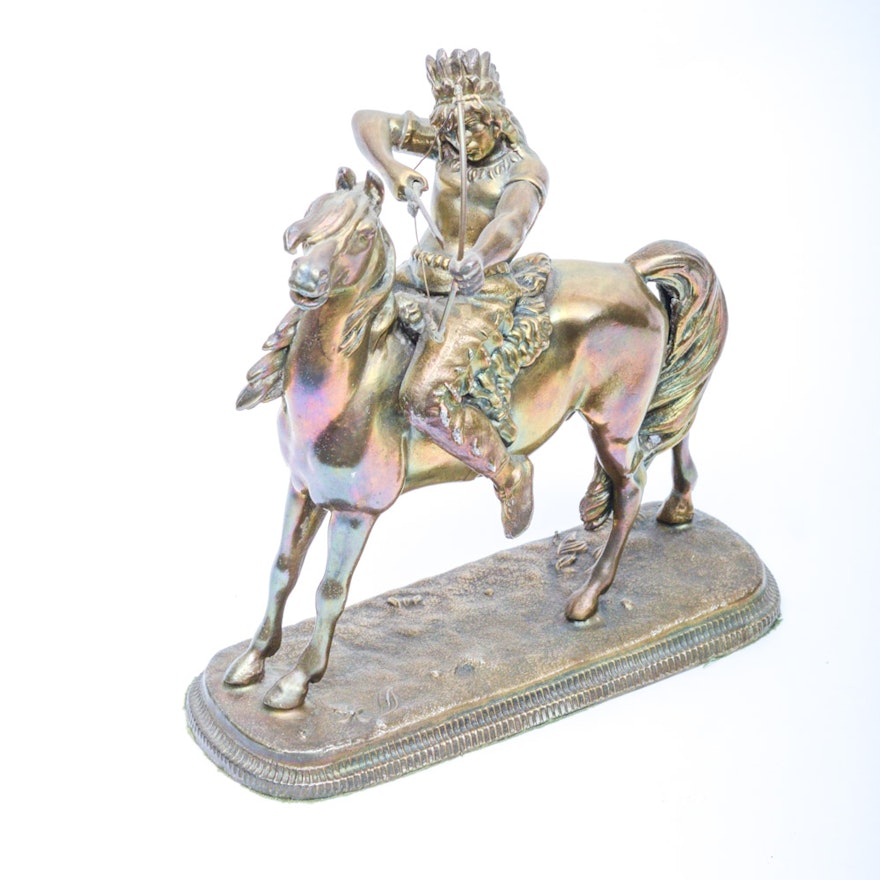 Brass Sculpture of Native American Riding Horse