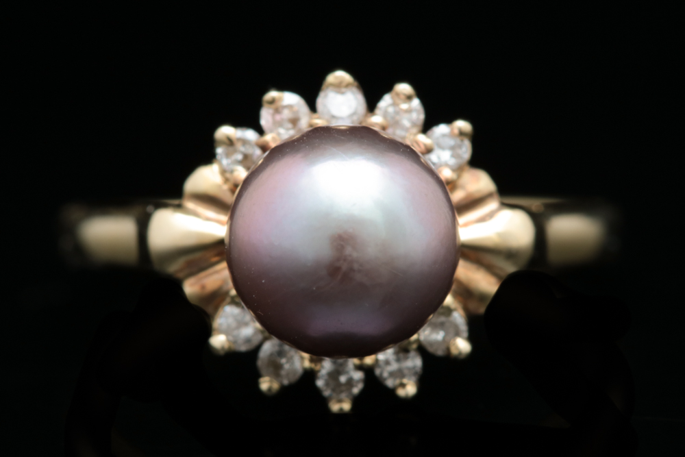 14K Yellow Gold, Cultured Pearl and Diamond Ring