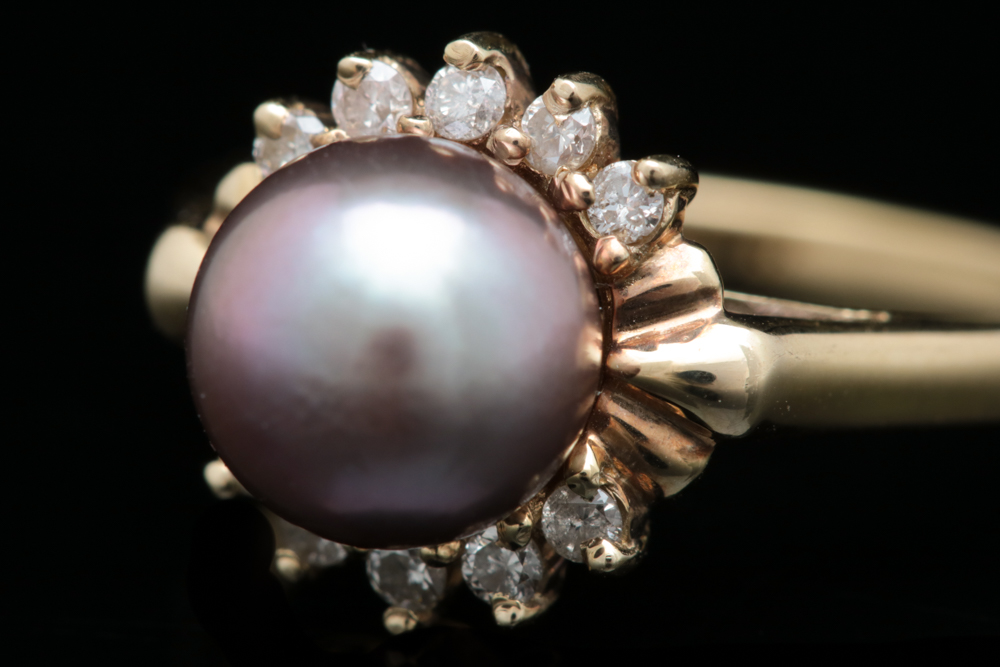 14K Yellow Gold, Cultured Pearl and Diamond Ring