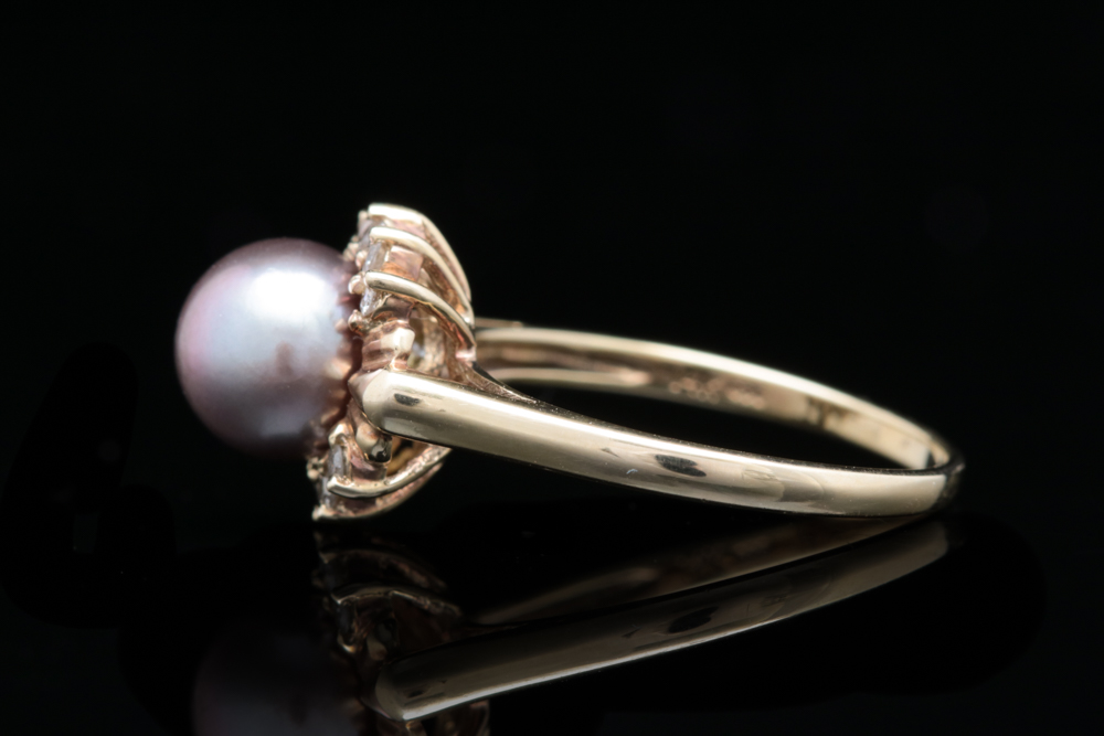 14K Yellow Gold, Cultured Pearl and Diamond Ring