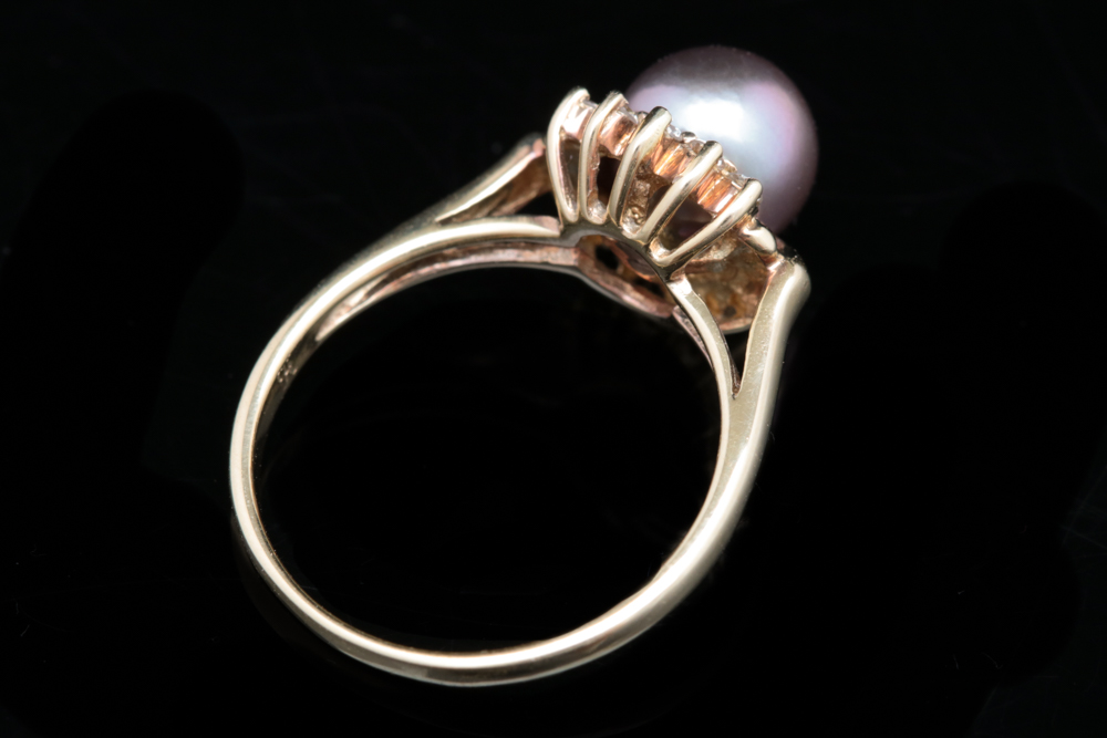 14K Yellow Gold, Cultured Pearl and Diamond Ring