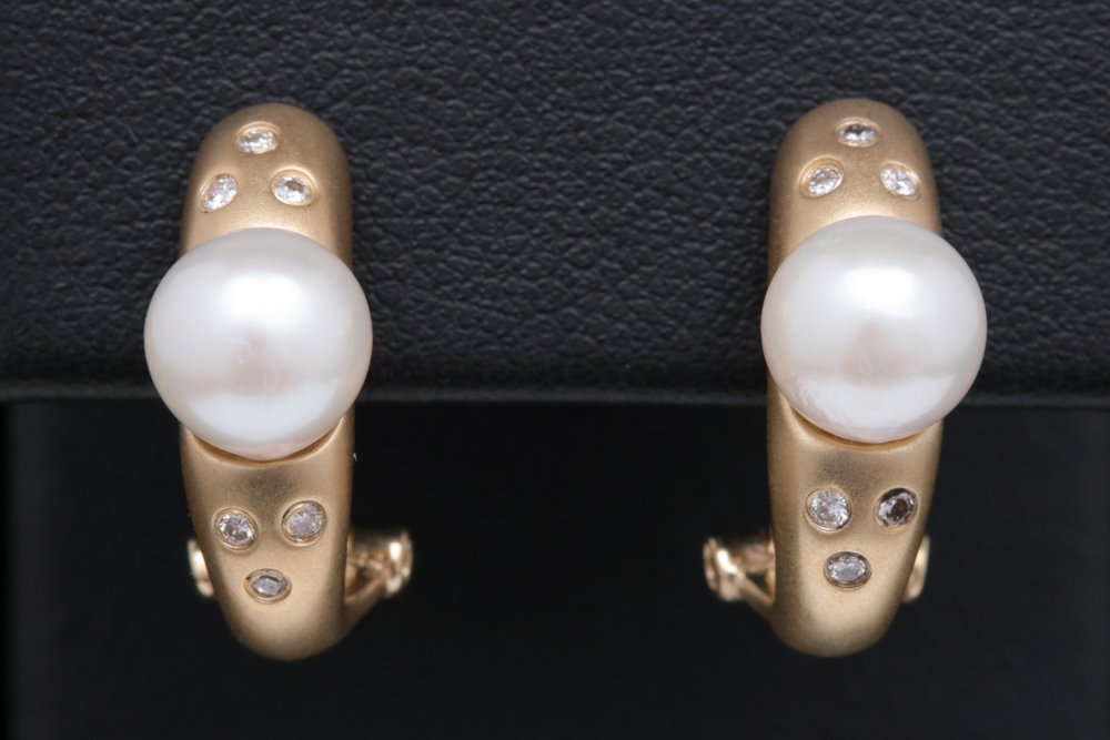 14K Yellow Gold, Freshwater Pearl and Diamond Half-Hoop Earrings